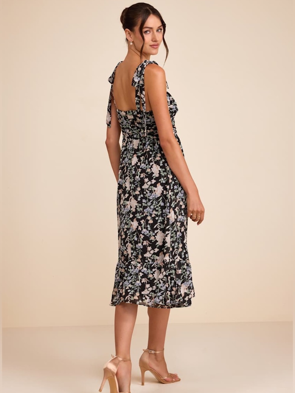 Lulu's Lush Loveliness Black Floral Lurex Tie-Strap Midi Dress - Picture 2 of 11